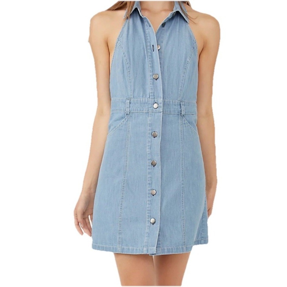 Light Blue Denim Halter Button-Front Dress